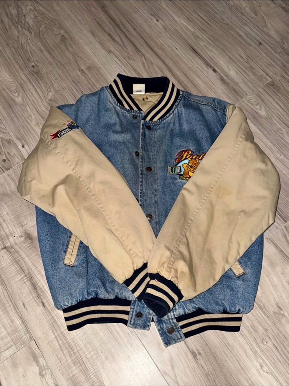 The Disney Store Winnie the Pooh Denim Varsity Jacket Snap Front Blue/Beige